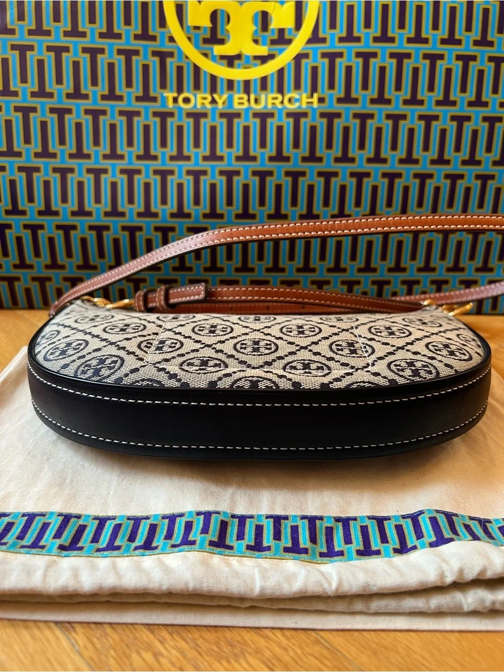 Tory Burch Navy Blue T Monogram Jacquard Mini Curved Hobo Bag
